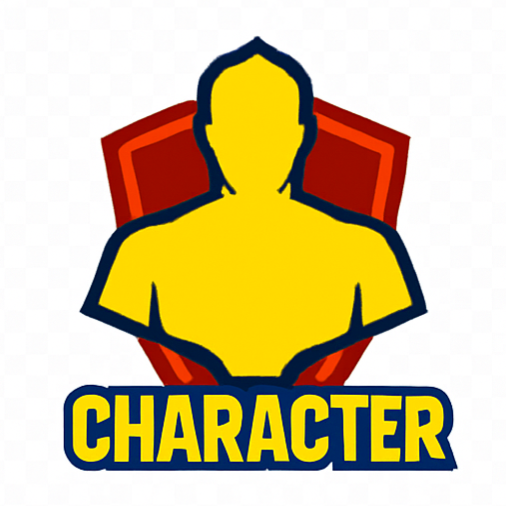 Logo with a yellow character silhouette and red background, labeled 'Character'.